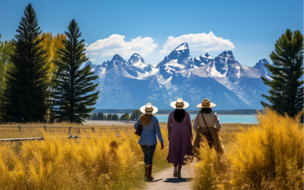 A picturesque view of three women leisurely walking through grassy fields, framed by breathtaking mountains.