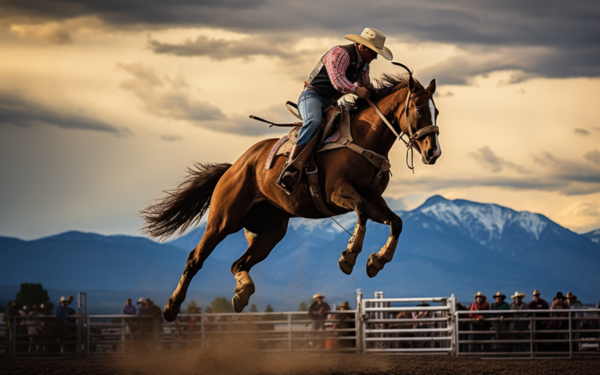 A fearless cowboy showcasing his skills, riding a magnificent horse at a thrilling rodeo event.