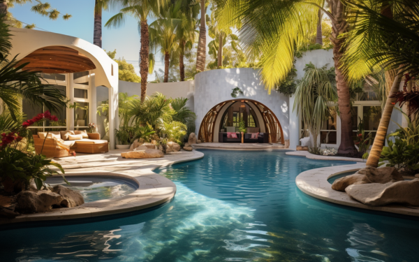 A serene pool nestled amidst palm trees and a charming gazebo, creating a tranquil oasis